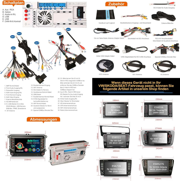 Erisin Android 14 Acht-Kern DAB+ Autoradio Für VW Golf 5 Golf 6 Passat Tiguan Touran Polo Amarok Jet