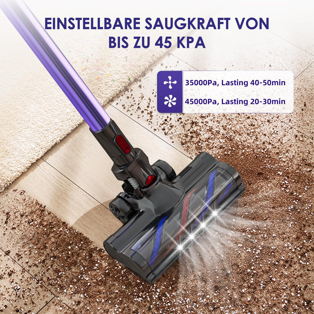 Akku Staubsauger Kabellos, 45000Pa Kabelloser Staubsauger mit Touchscreen, 50Mins, 1.6L, H13 HEPA, A
