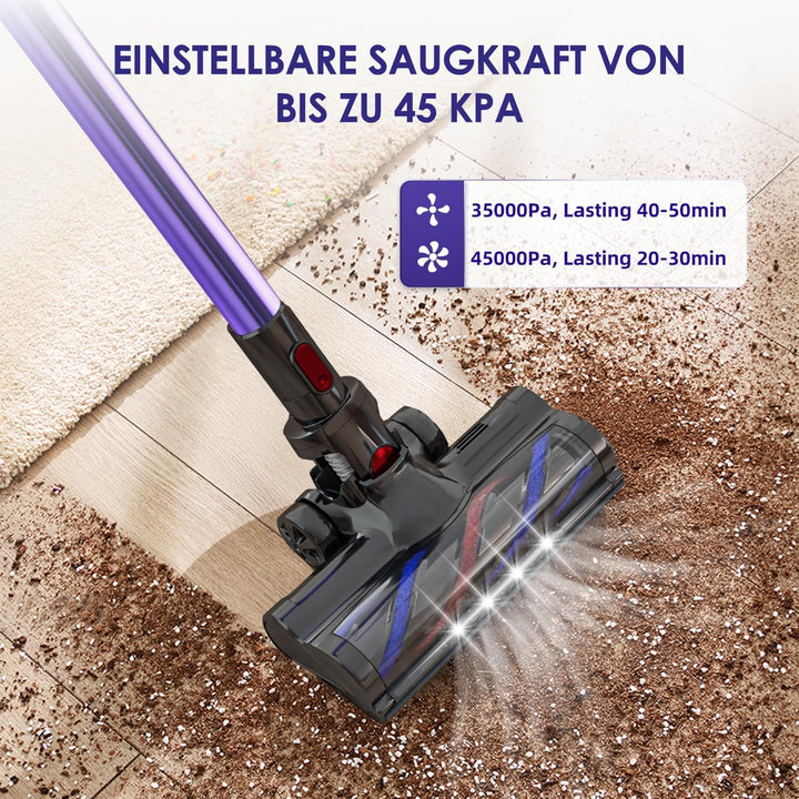Akku Staubsauger Kabellos, 45000Pa Kabelloser Staubsauger mit Touchscreen, 50Mins, 1.6L, H13 HEPA, A