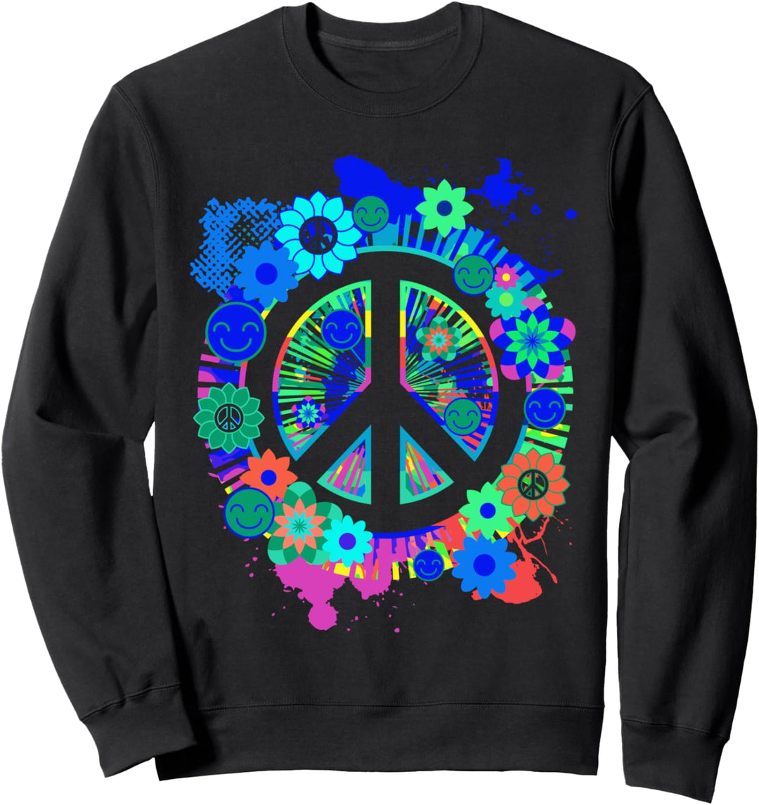 Friedenszeichen Helle bunte Blumen 70er Jahre Retro Hippie Sweatshirt