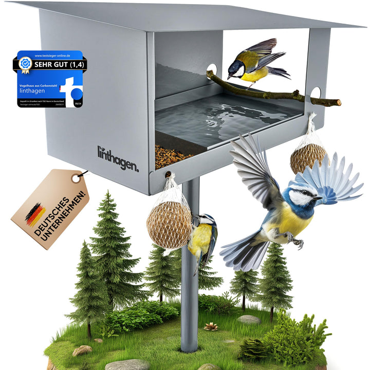 Vogelhaus mit Ständer [wetterfest] - 3-in-1 Futterhaus für Vögel - grosses, Robustes Vogelhäuschen,