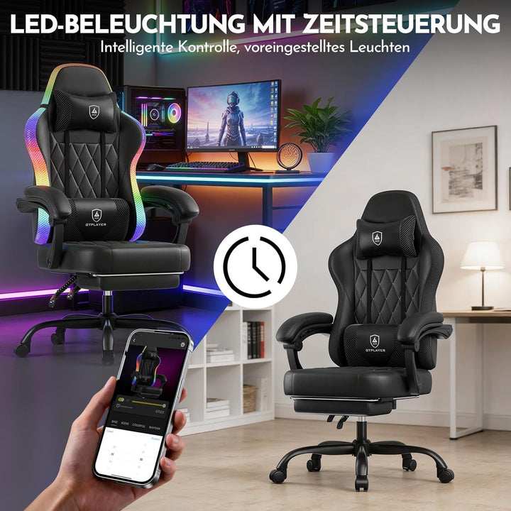 GTPLAYER Gaming Stuhl, Bürostuhl, Gaming Chair mit LED Lichtleiste, Gamer Stuhl, Rückenlehne mit Auf