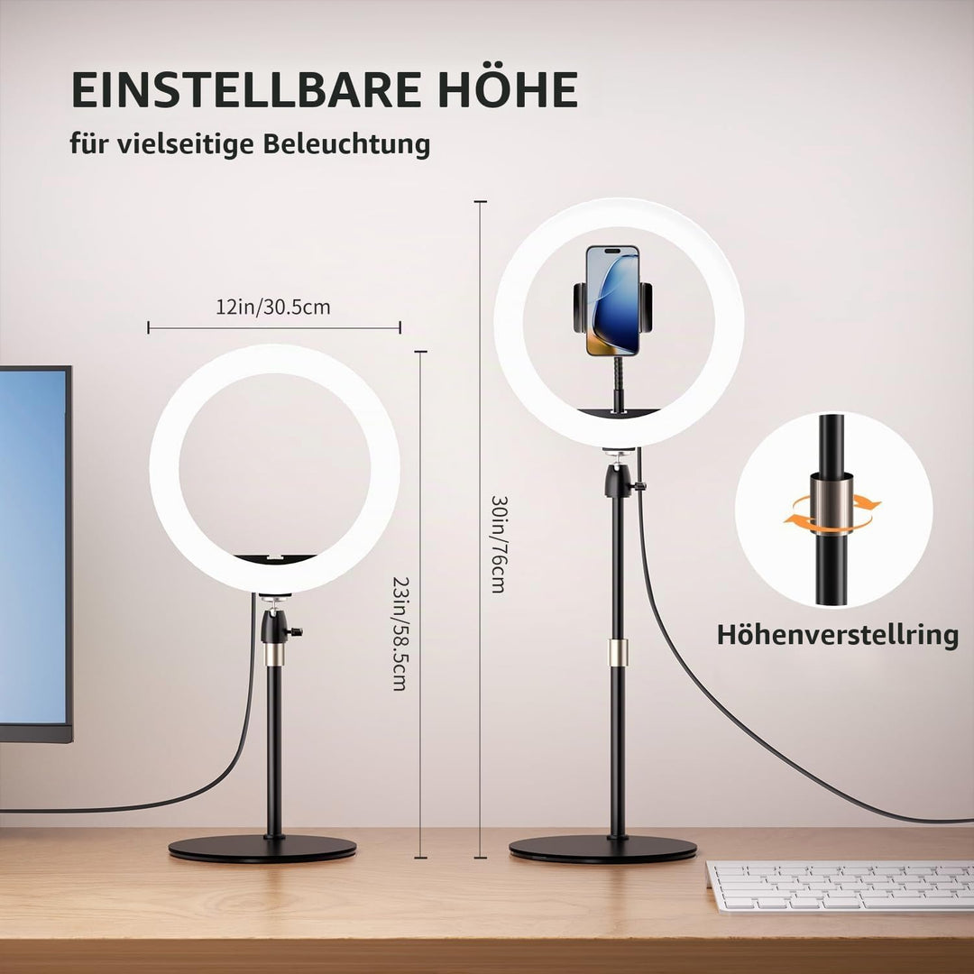 Aureday 12 Zoll Ringlicht mit Stativ, Handy Stativ mit Ringlicht mit 360° Drehbarer Flexibler Schlau
