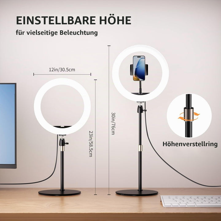 Aureday 12 Zoll Ringlicht mit Stativ, Handy Stativ mit Ringlicht mit 360° Drehbarer Flexibler Schlau
