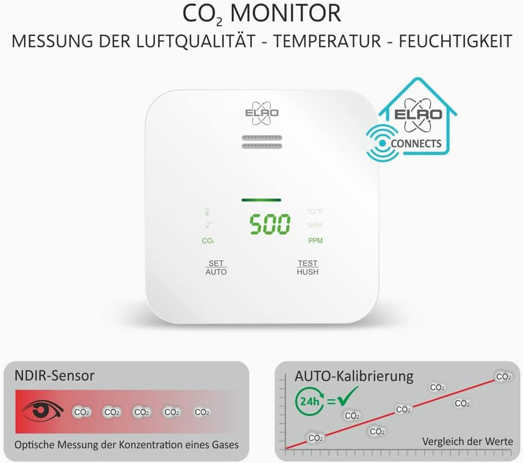 ELRO Connects SF500CO2 Smart WiFi CO2 Meter Kit - Komplettset mit koppelbarem Luftqualitätsmessgerät