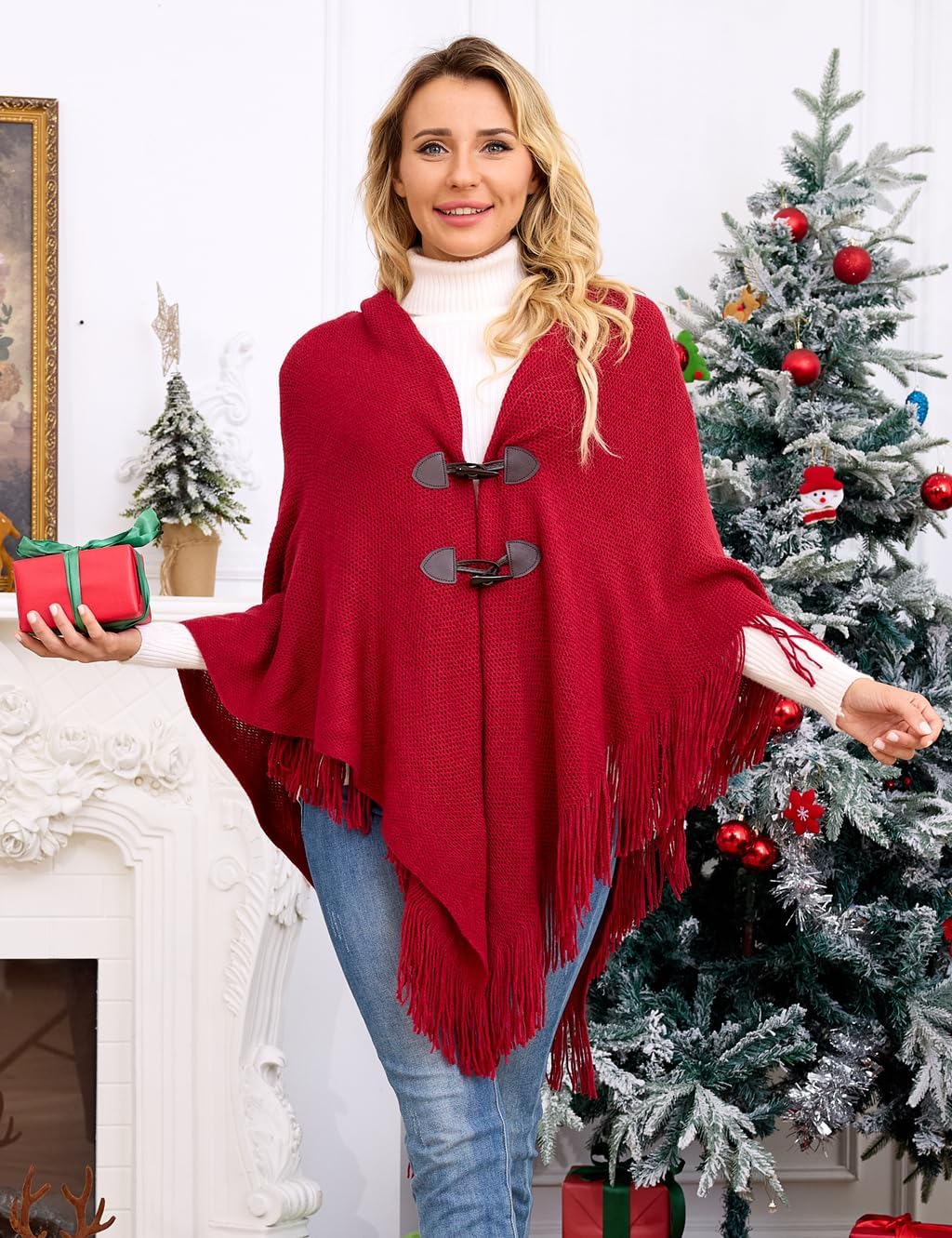 Ferand Damen Poncho Locker sitzender Cape Schal mit offener Vorderseite für Herbst und Winter Rot, R