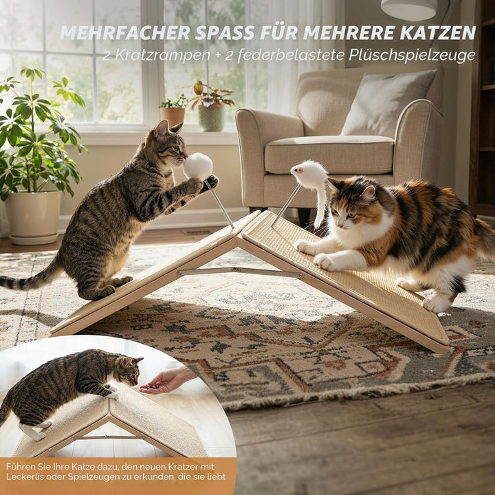 Kratzrampe für Katzen, Sisal Kratzbrett Holzrampe, Faltbares Dreieck Katzenkratzbrett mit 2 Federplü