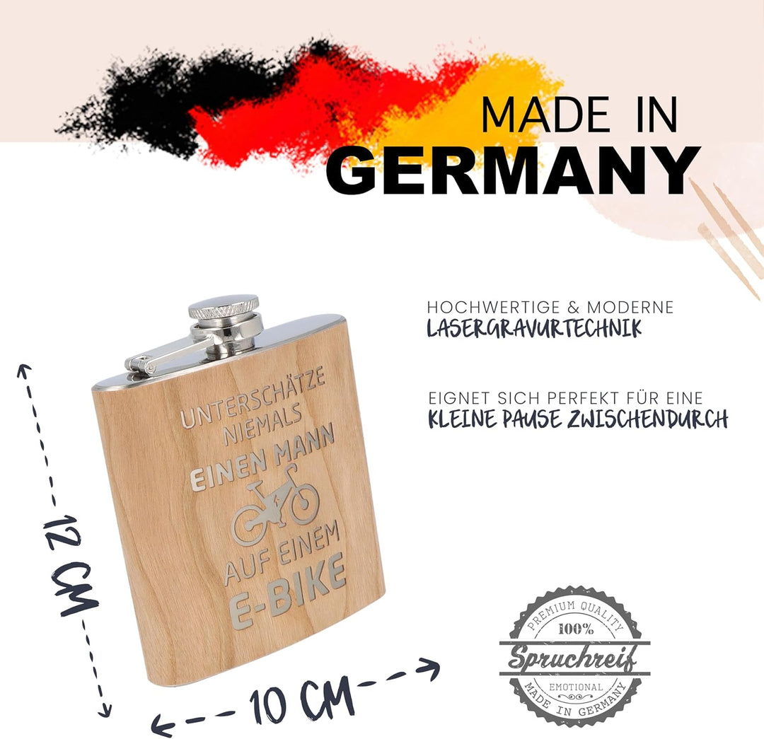Spruchreif | Gravierter Edelstahl Flachmann | Holz Flachmann mit Gravur E-Bike | Outdoor Geschenk |