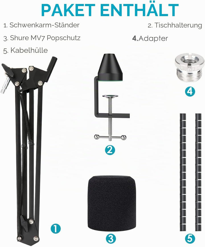 YOUSHARES MV7 Mikrofon Arm mit Popschutz, Mikrofonständer mit Mikrofon Pop Kompatibel mit Shure MV7