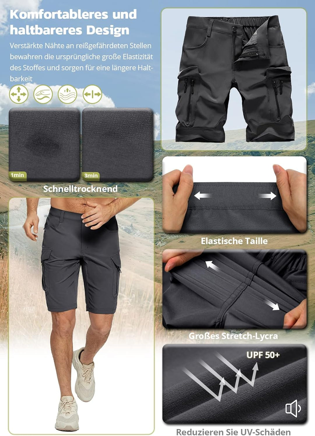 Hiauspor Wanderhose Herren Kurz MTB Hose Leichte Schnelltrocknend Cargo Bermuda Chino mit 5 Taschen