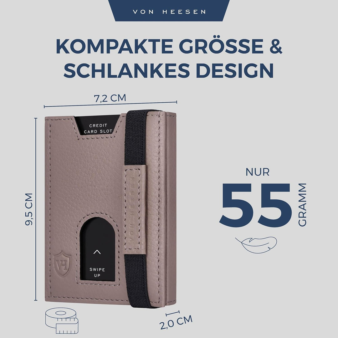 VON HEESEN Leder Slim Wallet - Geldbeutel mit RFID Schutz - Mini Geldbörse für Herren und Damen - Ka