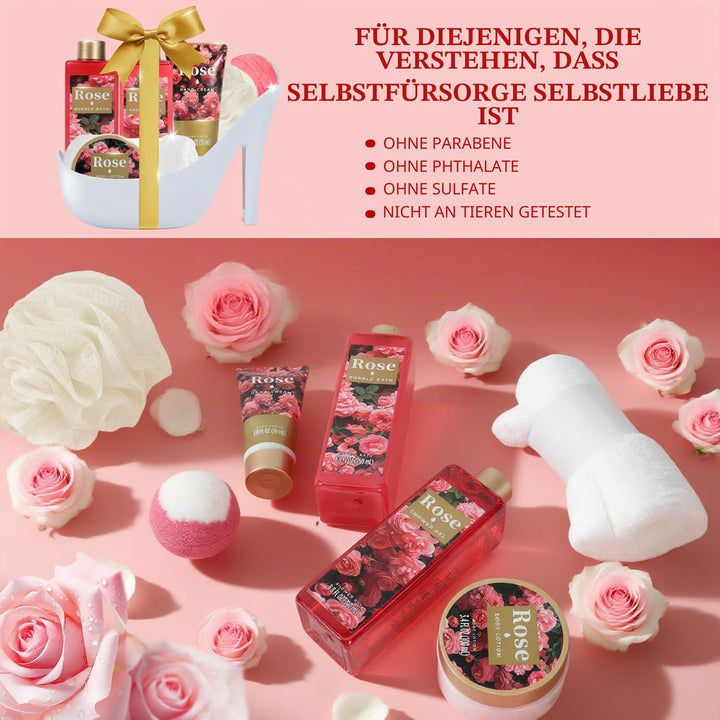 SPA LUXETIQUE Wellness Set für Frauen - 8tlg Rosenduft Bade Geschenkset mit Duschgel,Bodylotion,Scha