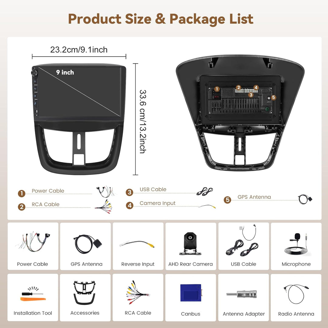 Hikity Android 15 4+64G Autoradio für Peugeot 207 2006-2010 mit 9 Zoll Incell Touchscreen, Autoradio