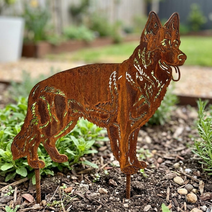 Edelrost Gartenstecker Altdeutscher Schäferhund - Rost Deko Hund Rostfigur Gartendeko für Draussen -