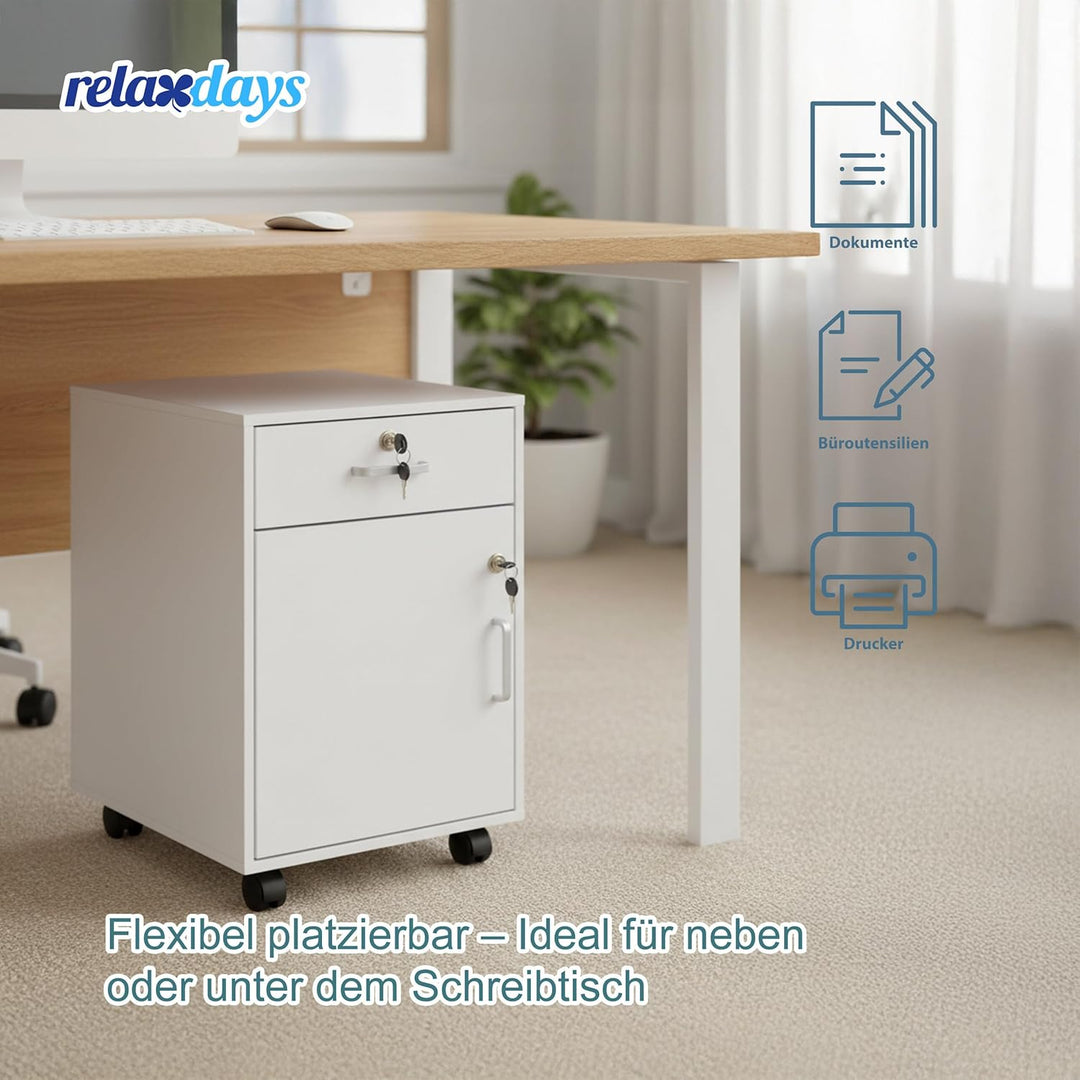Relaxdays Rollcontainer, Schublade & Türfach, HxBxT: 57 x 40 x 40 cm, abschliessbar, Aktenschrank au