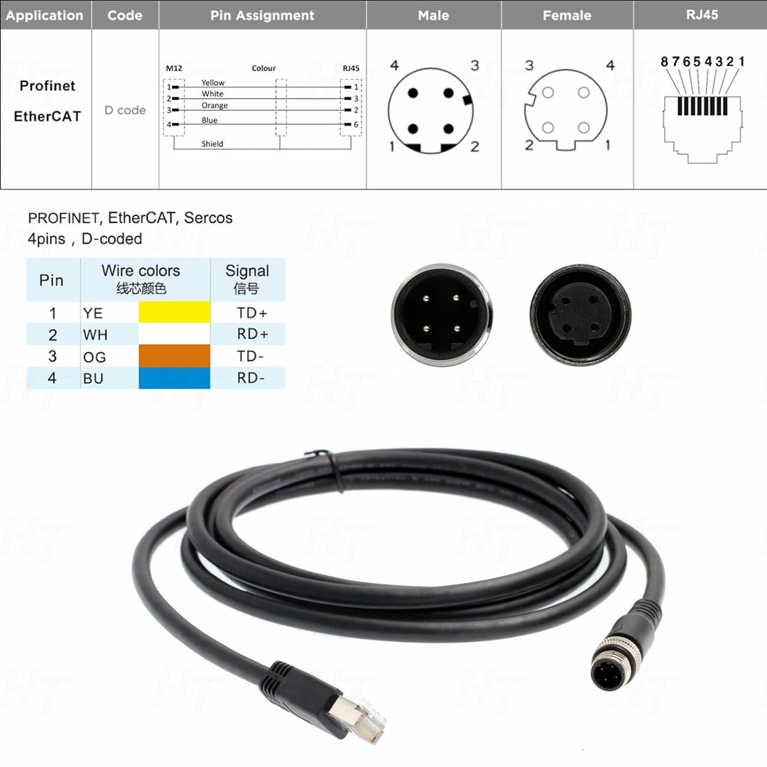 Abgeschirmtes wasserdichtes M12-Ethernet-Kabel, 4-polig, D-Code auf RJ45, Cat6, Ethernet-Kabel, Indu