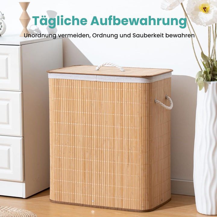 TONYBASKET 105L Bambus Wäschekorb 2 Fächern Wäschesammler mit Deckel | 53x33x60cm Faltbarer Praktisc