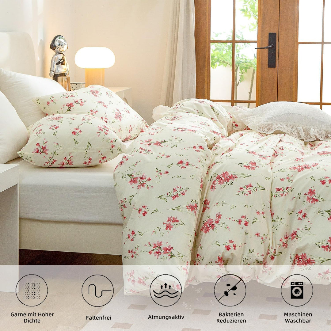 Freyamy Blumen Bettwäsche 135x200cm 2teilig Beige Rosa Blätter Pflanzen Floral Wendbar Bettwaren-Set