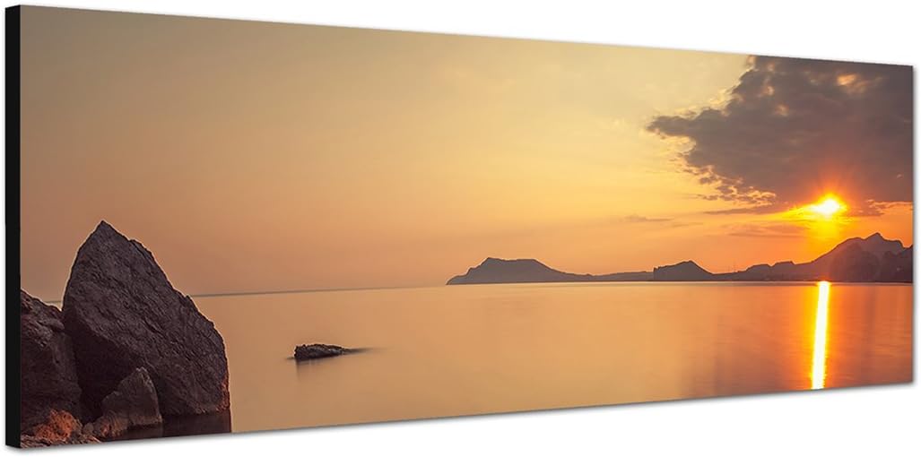 Paul Sinus Art Panoramabild auf Leinwand und Keilrahmen 150x50cm Meer Felsen Dämmerung Sonnenunterga