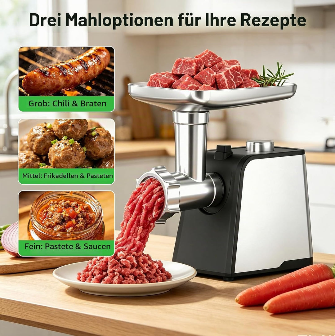 Elektrischer Fleischwolf 3 in 1 mit Wurstfüller, 3200W Fleischwolf Edelstahl, Wurstmacher mit 3 Wurs