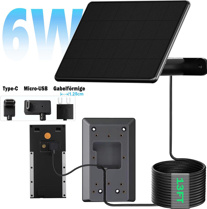 6W Solarladegerät für batteriebetriebene Ring-Türklingeln, 4m Ladekabel, Micro-USB & Type C & Gabel-