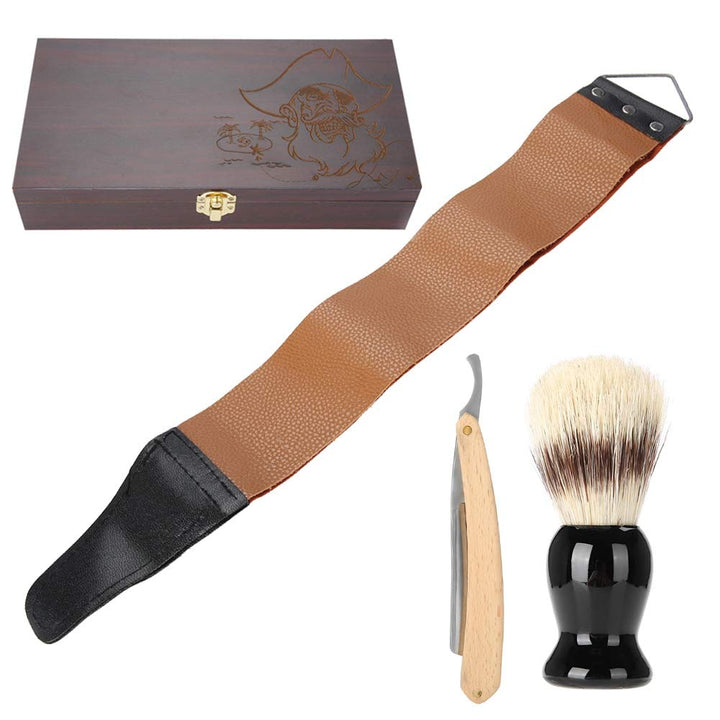 Rasiermesser Set, 3-Teilig – Handrasierer–Rasierpinsel – Rasierspitzer Gürtel – Geschenkbox Aus Holz