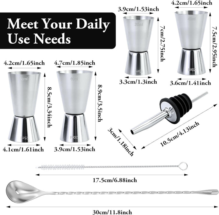 4 Stück Cocktail Messbecher, Edelstahl Barmass 3cl/4cl/5cl/6cl, Dual Gin Messbecher mit 4 Flaschenau