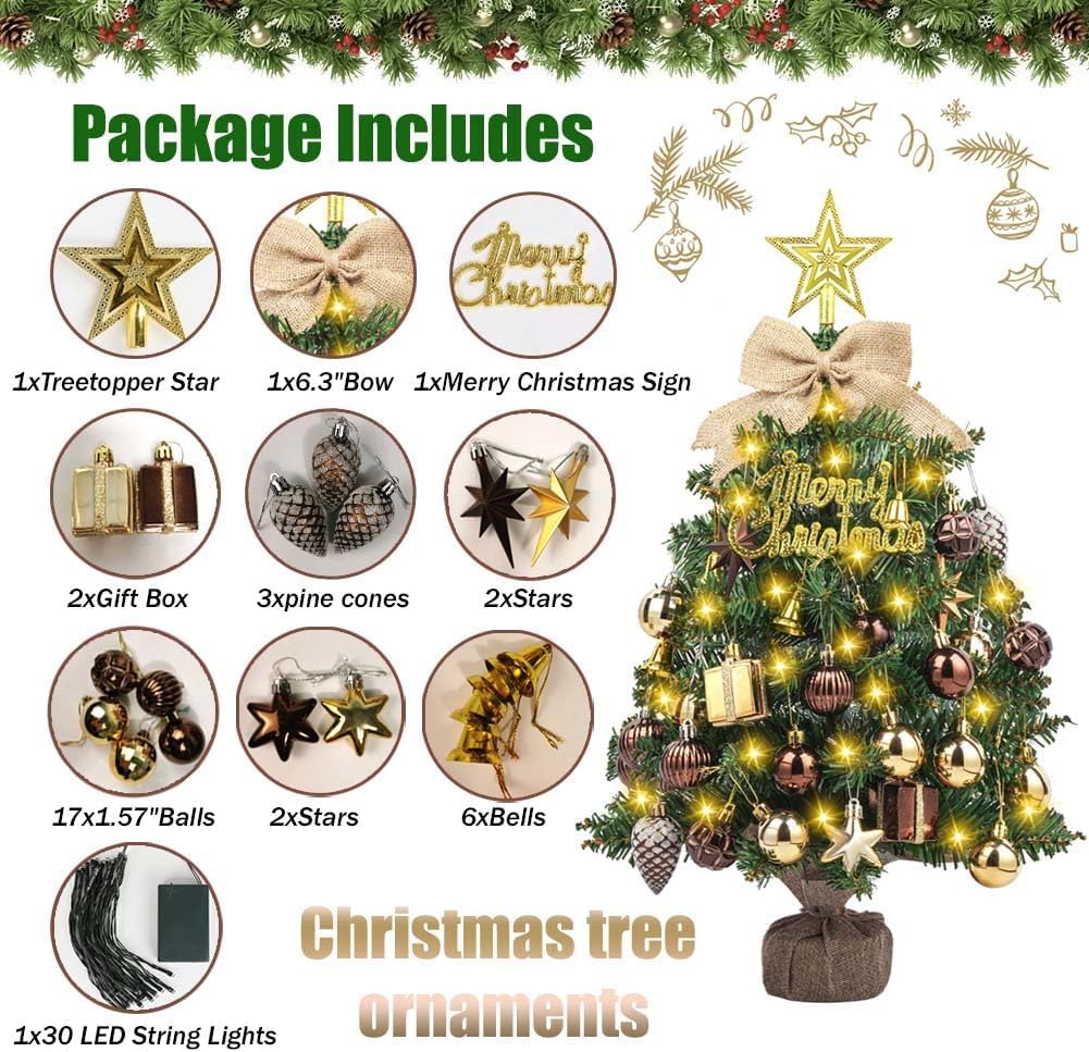 SVNVIOZ Mini 50cm Weihnachtsbaum mit Bronze Gold Weihnachtskugeln, Kleiner Weihnachtsbaum Stern Baum