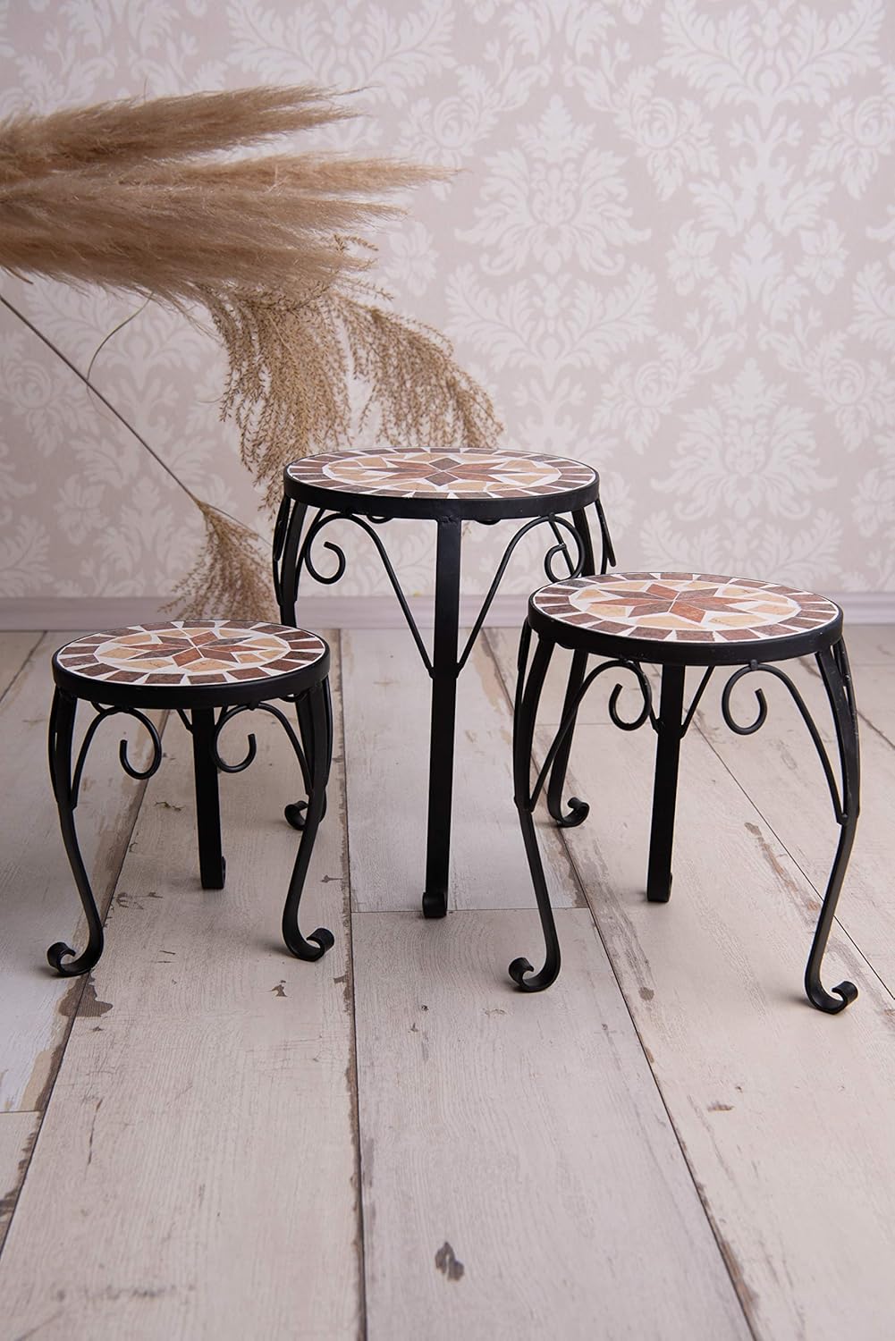 dszapaci Blumenhocker 3er Set Mosaik rund Garten Blumenständer Metall Terrasse Pflanzenständer Keram