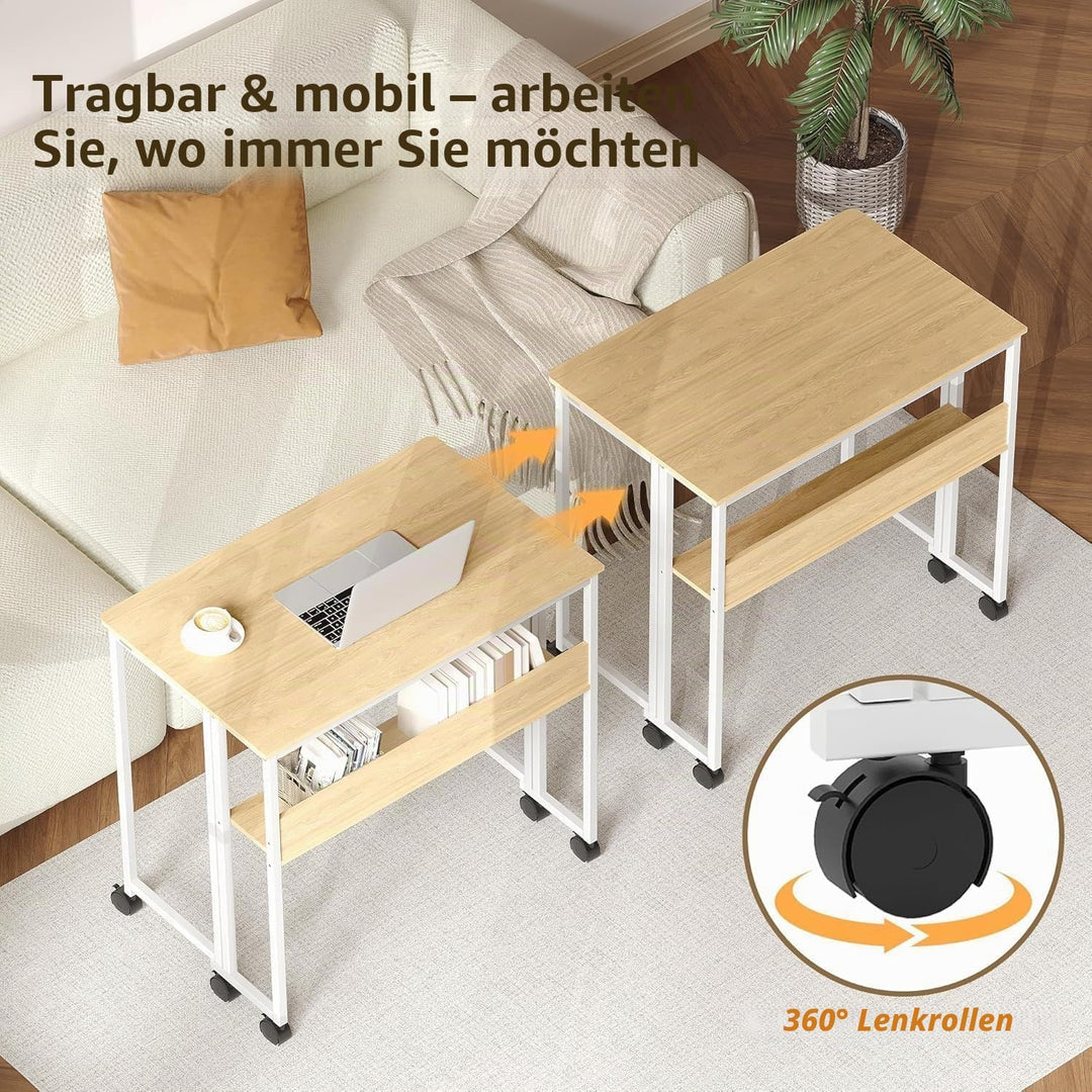 Klappbarer Schreibtisch Mit Rollen Und Stauraum, 63x50x75 cm Platzsparender Computertisch Für Home O