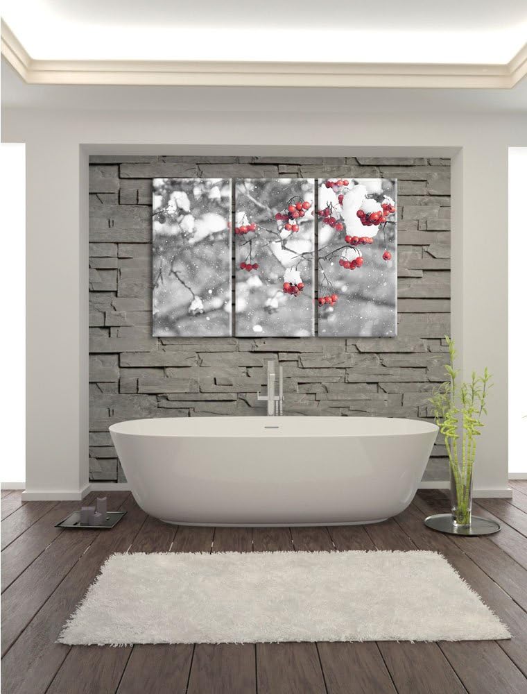 Pixxprint Vogelbeeren mit Schnee bedeckt Schwarz/Weiss 3-Teiler Leinwandbild 120x80 Bild auf Leinwan