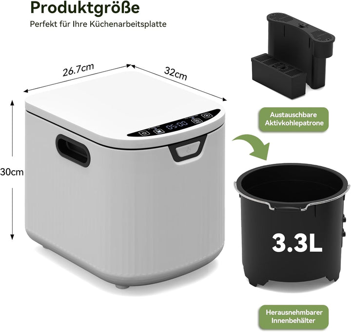 Fullwatt Elektrischer Komposter 3.3L Biomülleimer Küche Elektro-Schnellkomposter mit 2 Kohlenstofffi