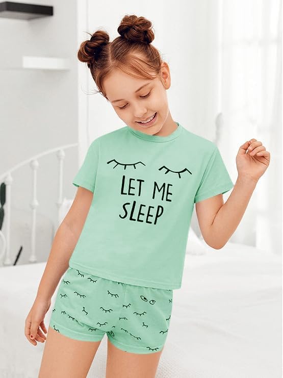 Haloumoning Mädchen Schlafanzüge Sommer Niedliche Shorts Set Bequem Kurzarm Cartoon bedrucktes Pyjam