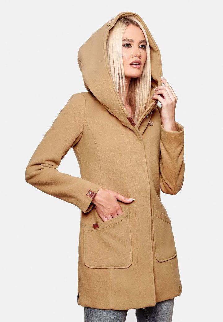 MARIKOO Damen Mantel in Wollmantel-Optik warmer Trenchcoat mit Kapuze Maikoo XS-5XL XXL Braun, XXL B