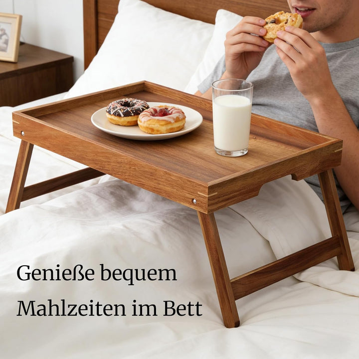 Fibogollo Betttisch aus Akazienholz mit klappbaren Beinen, Frühstückstabletts mit integrierten Griff