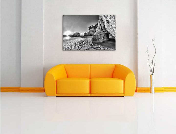 Pixxprint Monocrome, Sonnenuntergang an Felsen, Format: 100x70 auf Leinwand, 100x70