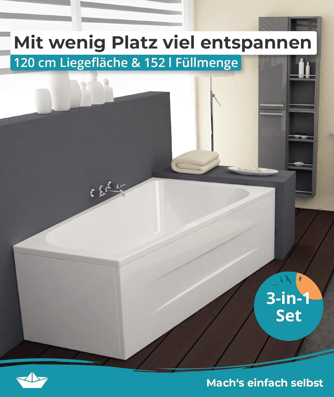 Calmwaters® Raumsparende Eckbadewanne 160x70 cm Essential Small, Made in EU, 3in1 Acryl-Badewanne mi