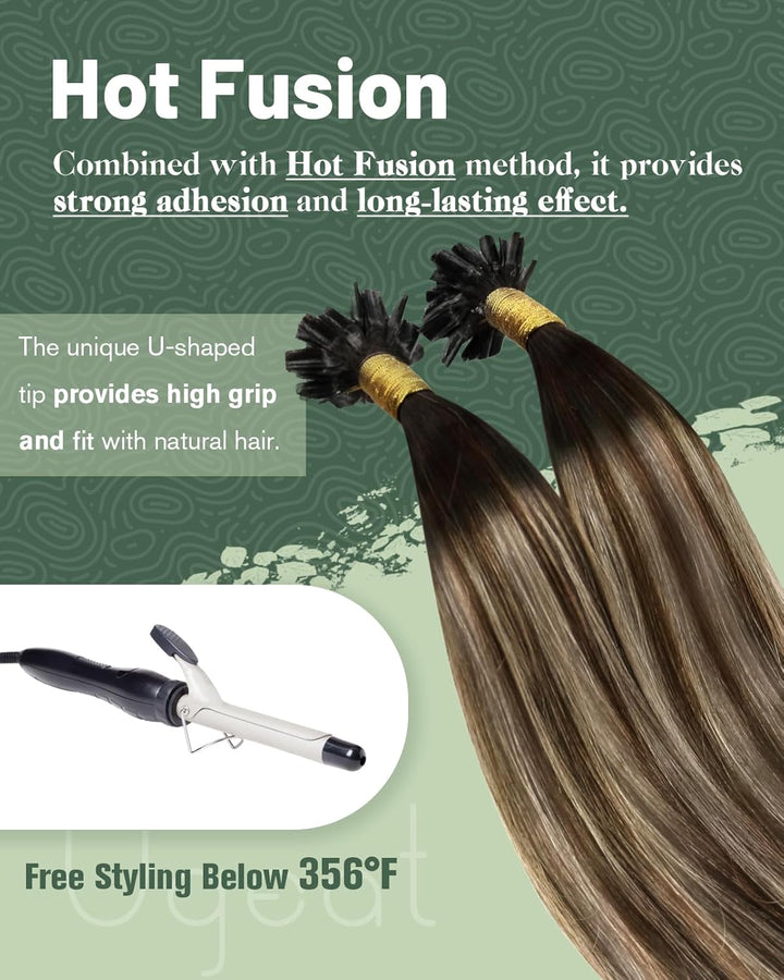 Ugeat Bonding Extensions Echthaar Utip 40cm 1B/4/27 Schwarz zu Dunkelbraun und Karamellblond Keratin