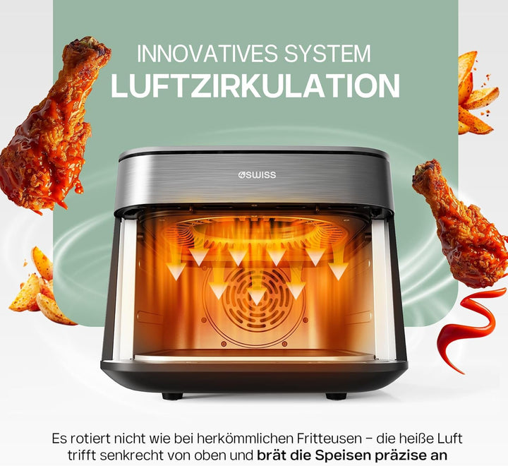 4SWISS Heissluftfritteuse mit Sichtfenster 6,5L, Airfryer XL 1700W mit 12 Programme, 180°C in 1,44 M