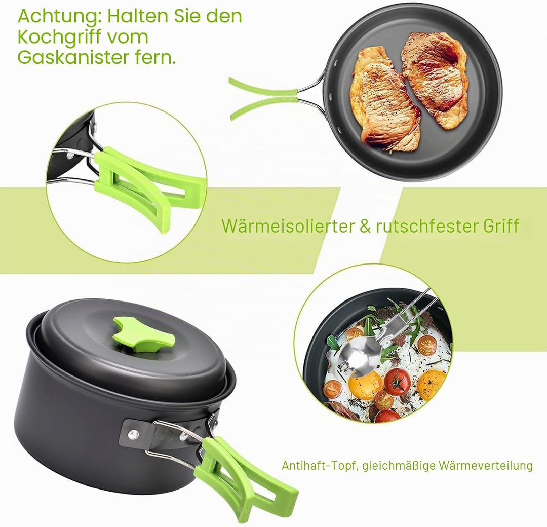 Qtiwe 10-Teilig Cookware Kit Picknick Töpfen Kochgeschirr Campinggeschirr Set für 1-2 Personen zum C