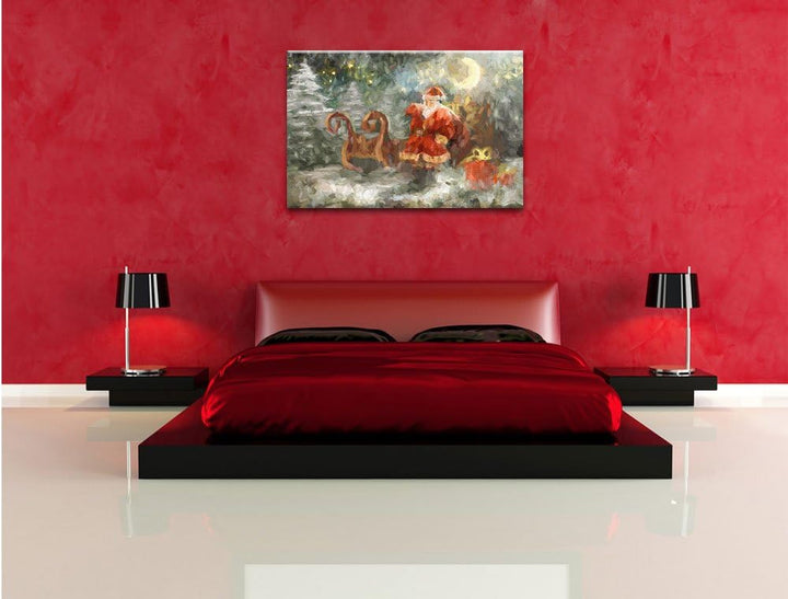Pixxprint Weihnachtsmann mit Geschenken als Leinwandbild/Grösse: 100x70 cm/Wandbild/Kunstdruck/ferti