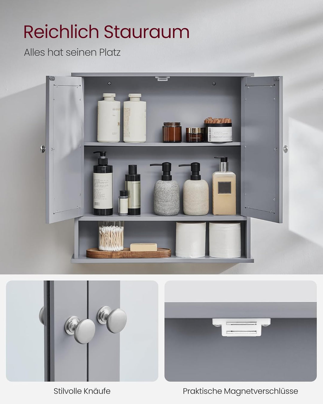 VASAGLE Spiegelschrank, Badschrank, Wandschrank, Hängeschrank mit 2 Spiegeltüren und offenem Fach, v