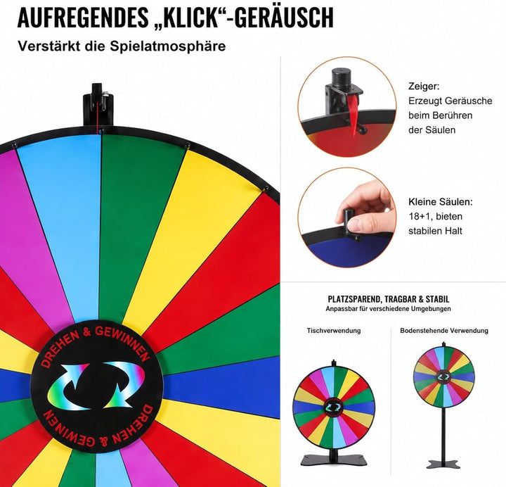 Glücksrad mit 18 Fächern, trocken abwischbarem Stift und 2 Markern, zum Aufstellen auf Tisch oder Bo