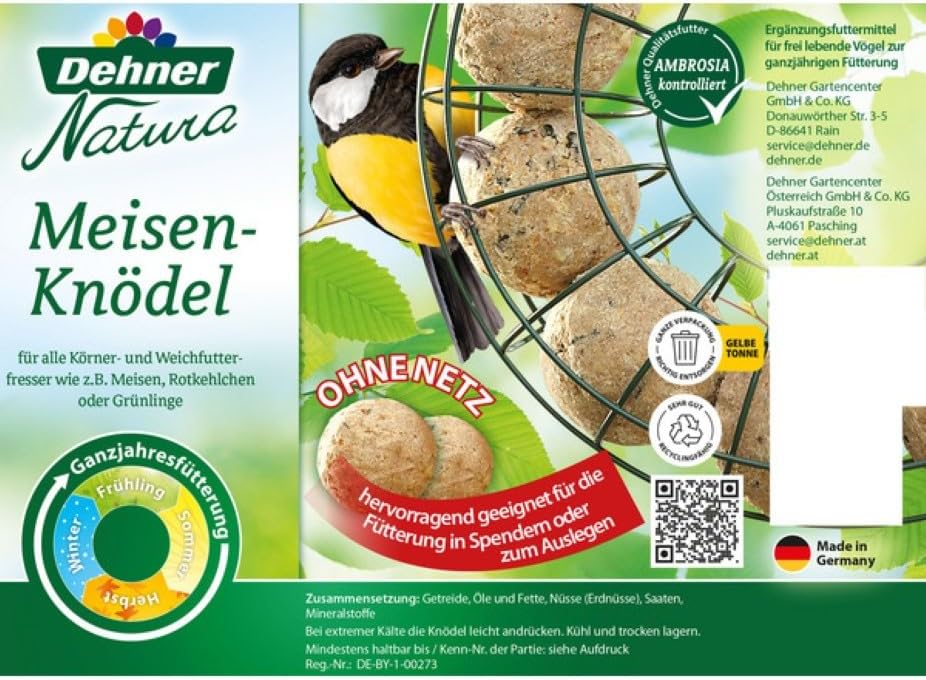 Dehner Natura Vogelfutter | Wildvogelfutter | Meisenknödel ohne Netz | energiereiches Premium Ganzja