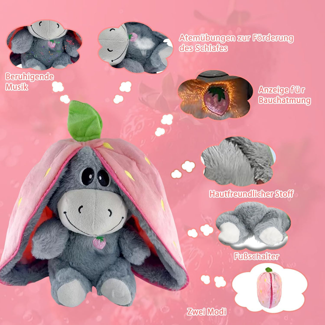 Aohcae Atmendes Kuscheltier Esel, Einschlafhilfe Babys Kuscheltier mit Musik und 4 Beruhigungsmodi,