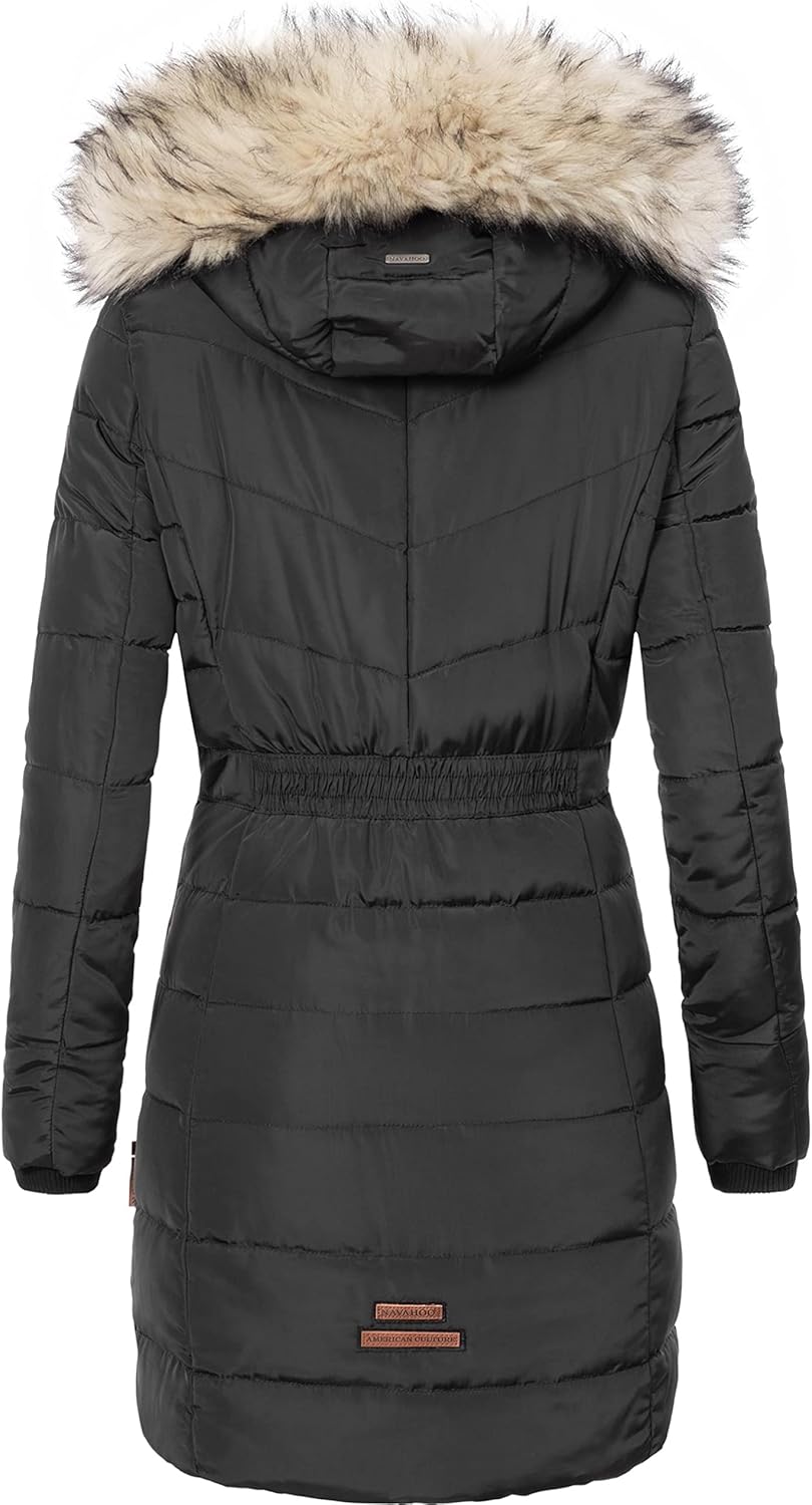 Navahoo Damen Wintermantel Warmer Steppmantel lang mit Abnehmbarer Kunstfell-Kapuze Paula XS-5XL, Sc