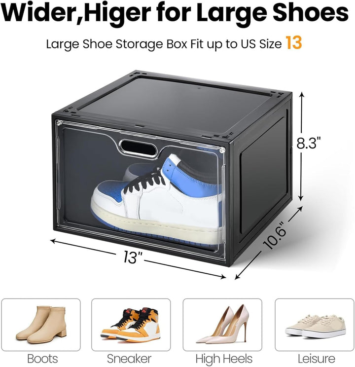 8 Stück Schuhboxen aus schwarzem Kunststoff, stapelbar, grosser Schuh-Organizer mit Deckel, Sneaker-