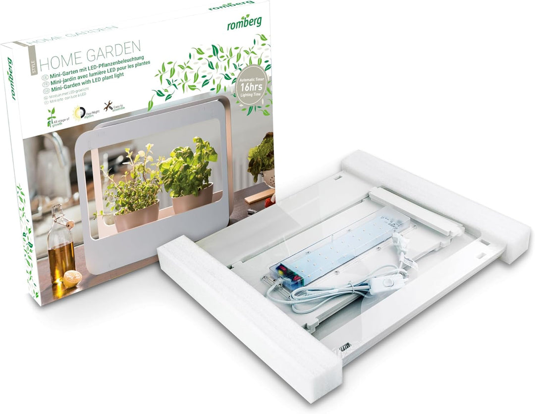 Romberg Homegarden mit LED-Beleuchtung | Zimmergewächshaus | Minigewächshaus | Weiss | 50.5 x 21 x 4