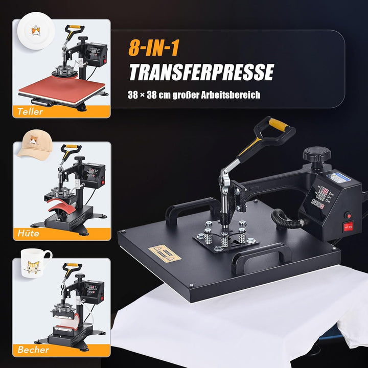 CREWORKS Transferpresse 38x38cm Heisspressmaschine 8-IN-1 Wärmepressmaschine Hitzepresse 360 Grad Sc
