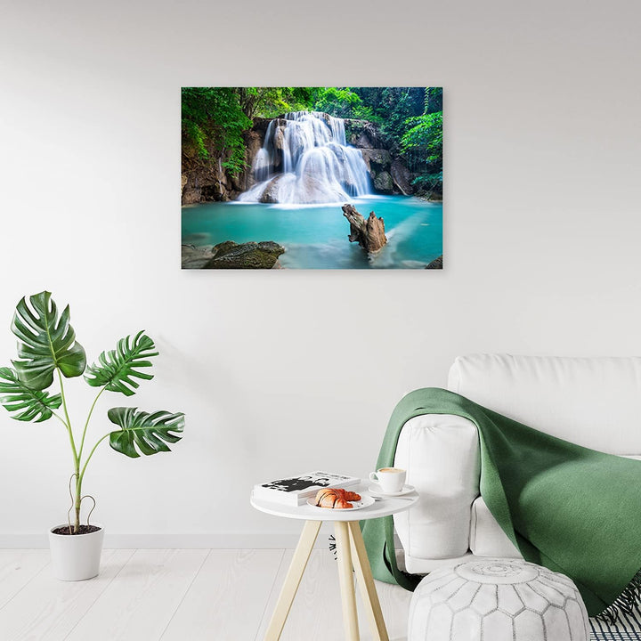 Feeby Vlies Leinwandbild Bäume Wasserfall Kaskade 90x60 cm Wand Bild Kunstdruck Deko Wohnzimmer Wohn